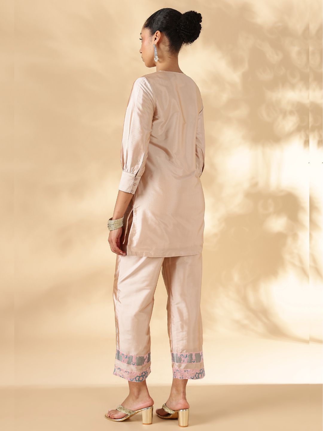 High-Low Kurta with Broad Straight Pants with Brocade Details