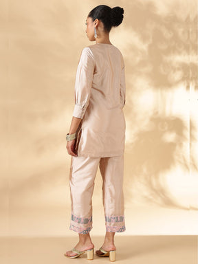 High-Low Kurta with Broad Straight Pants with Brocade Details