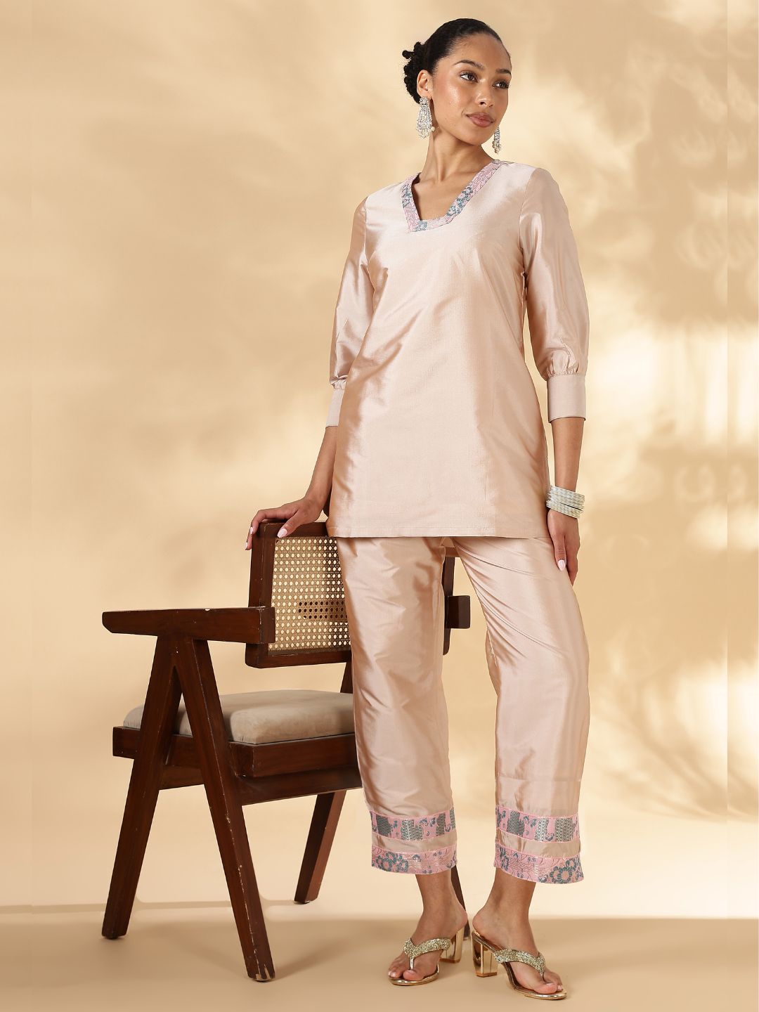 High-Low Kurta with Broad Straight Pants with Brocade Details