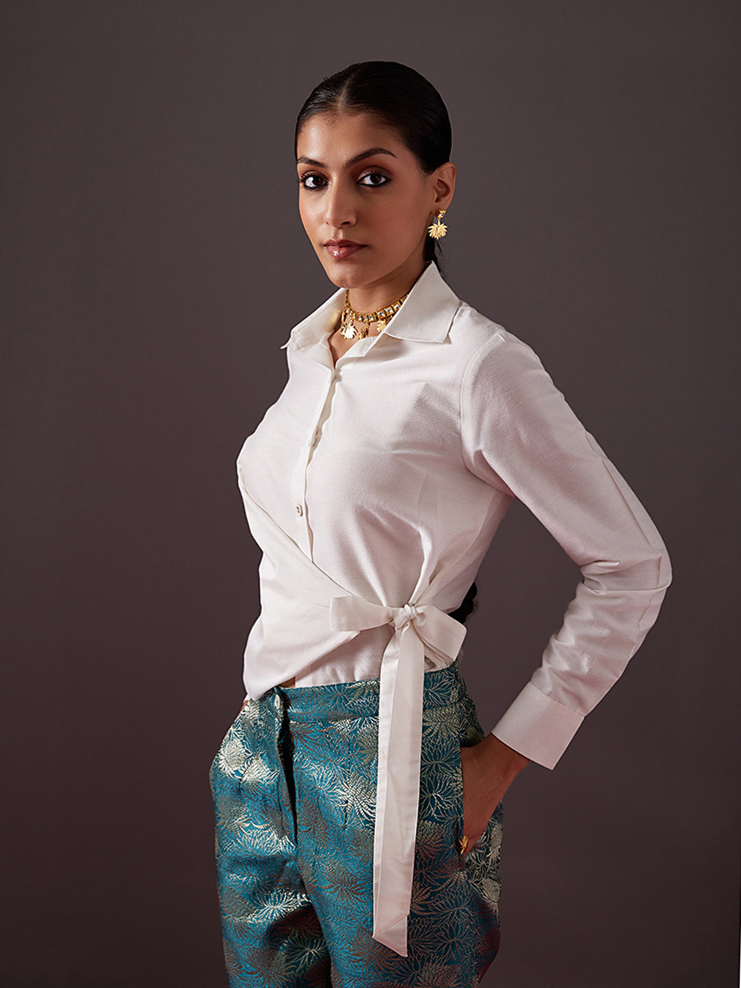 Buttoned up wrap shirt with overlapping tie-up-pearl white | Relove