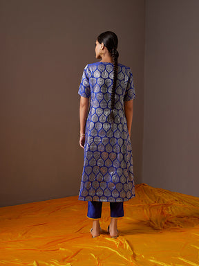 Banarasi zari overlapped kurta with front slits-Blue imperial | Relove