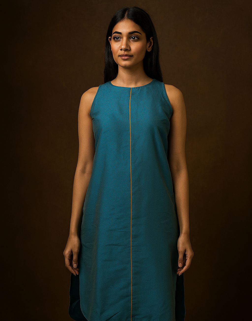 Peacock Blue High-low halter neck Kurta with contrast piping