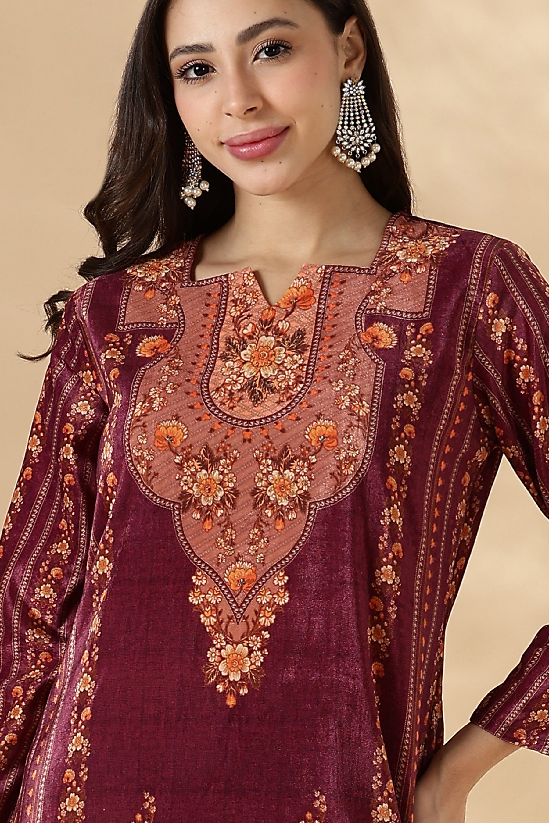 Maroon Heritage Print Velvert Kurta Pant Set with velvet Dupatta