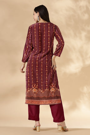 Maroon Heritage Print Velvert Kurta Pant Set with velvet Dupatta