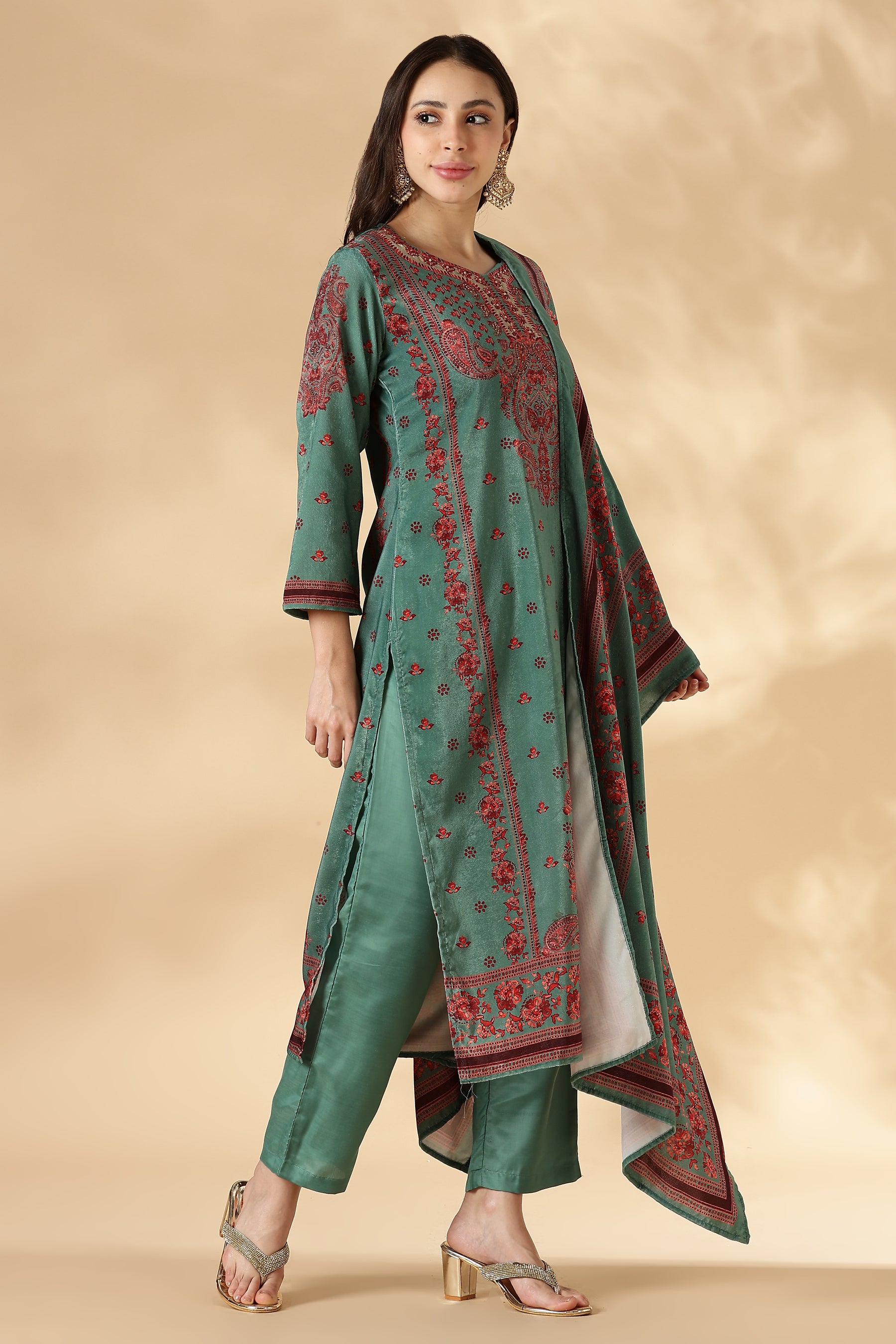 Sage Floral Kashmiri Printed Suit Set