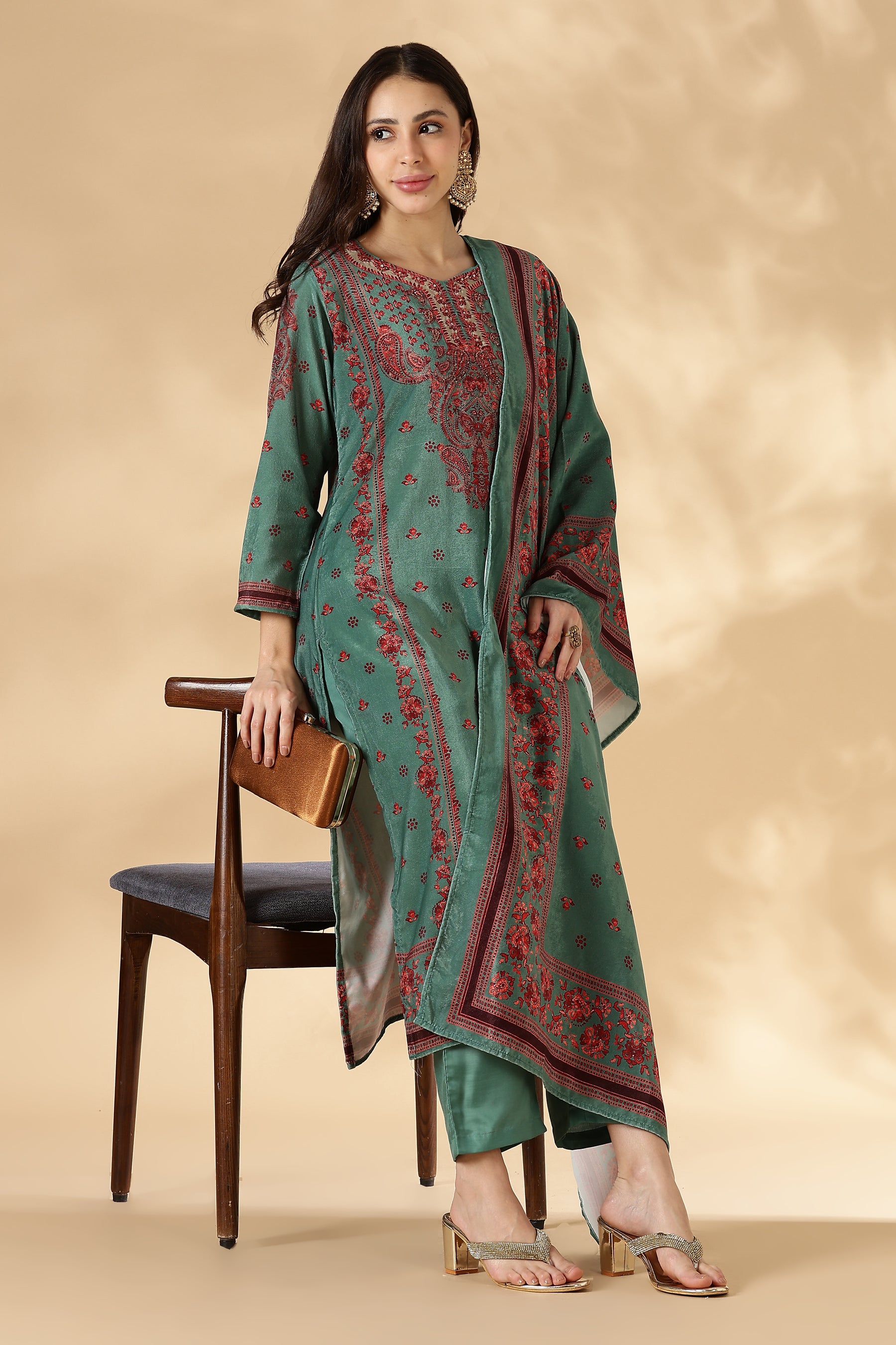 Sage Floral Kashmiri Printed Suit Set