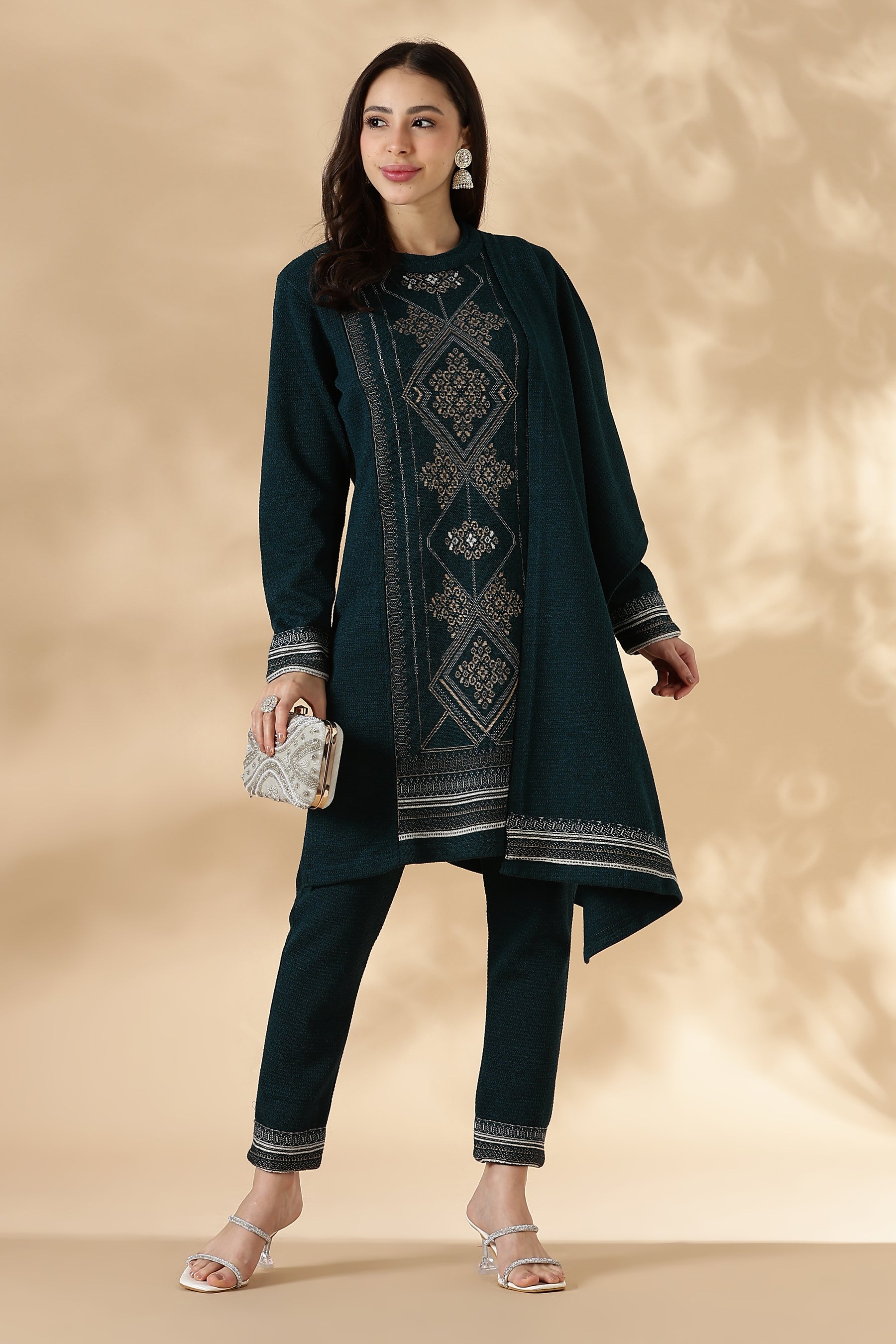 Emerald Kashmiri Pattern Kurta Pant Set with  Shawl