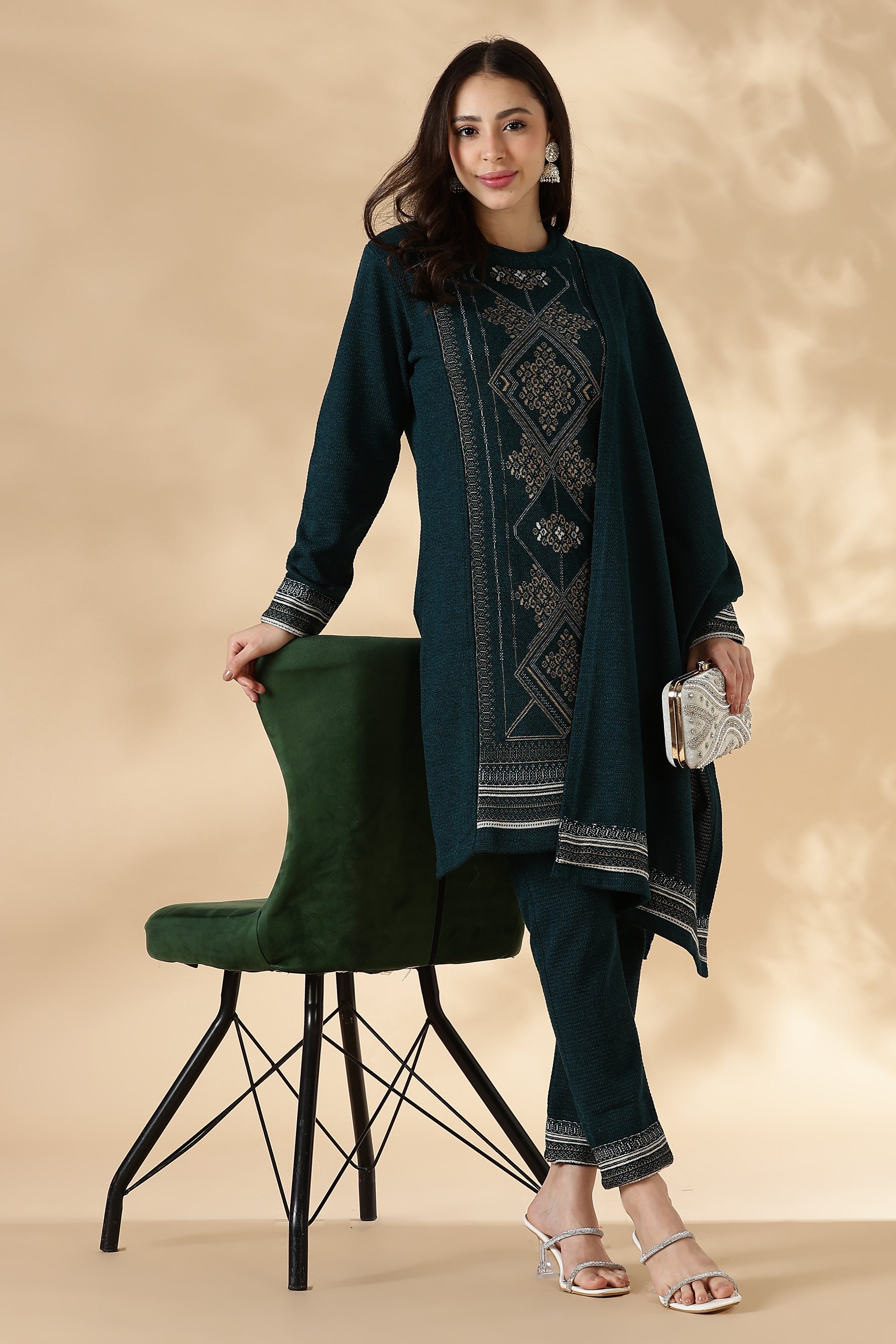 Emerald Kashmiri Pattern Kurta Pant Set with  Shawl