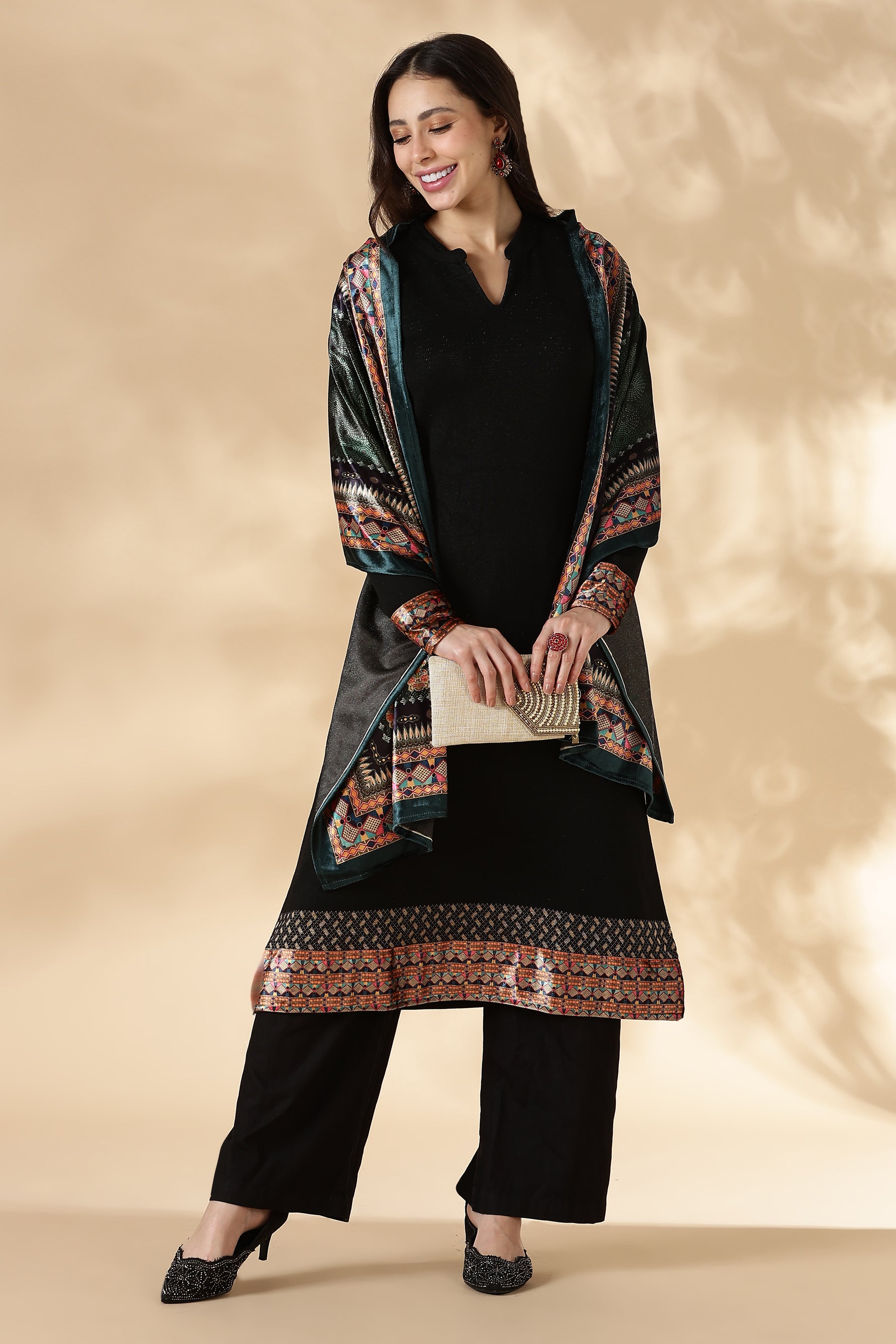 Noir Solid Kurta Pant set with Printed Velvet Dupatta