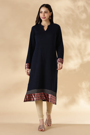 Navy Solid Kurta Pant set with Printed Velvet Dupatta
