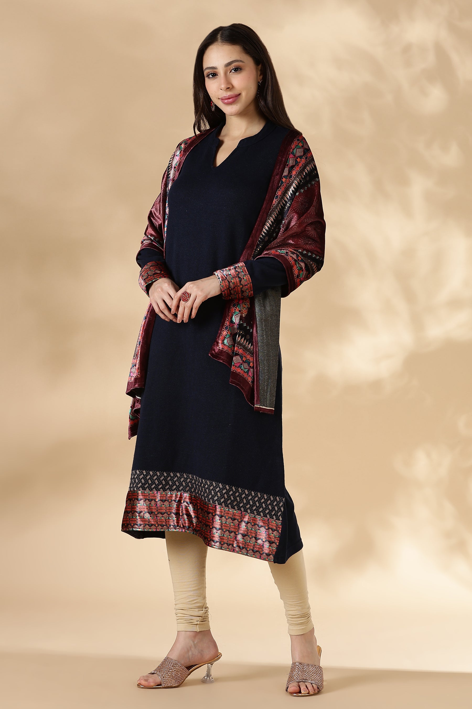 Navy Solid Kurta Pant set with Printed Velvet Dupatta