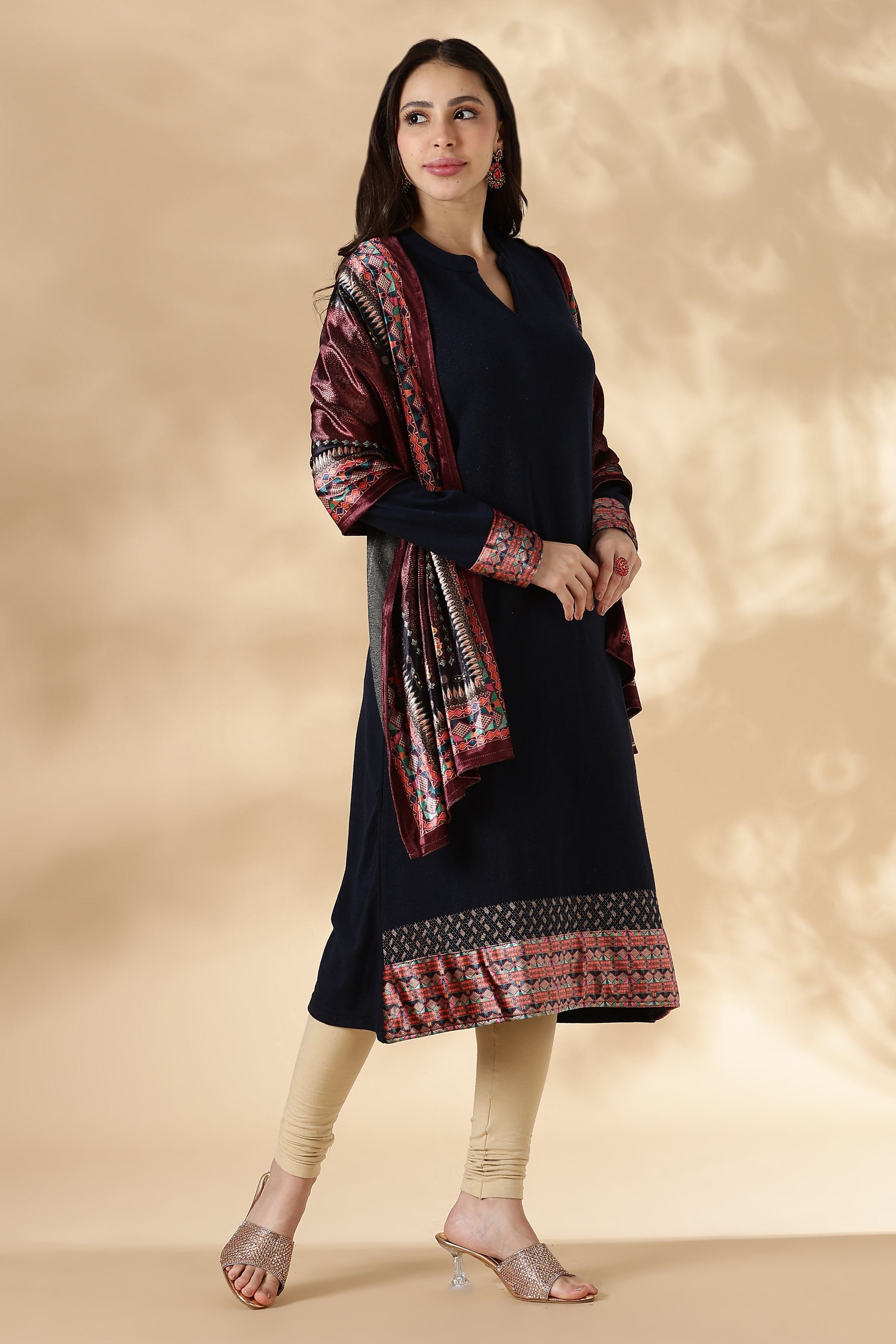 Navy Solid Kurta Pant set with Printed Velvet Dupatta