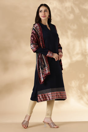 Navy Solid Kurta Pant set with Printed Velvet Dupatta