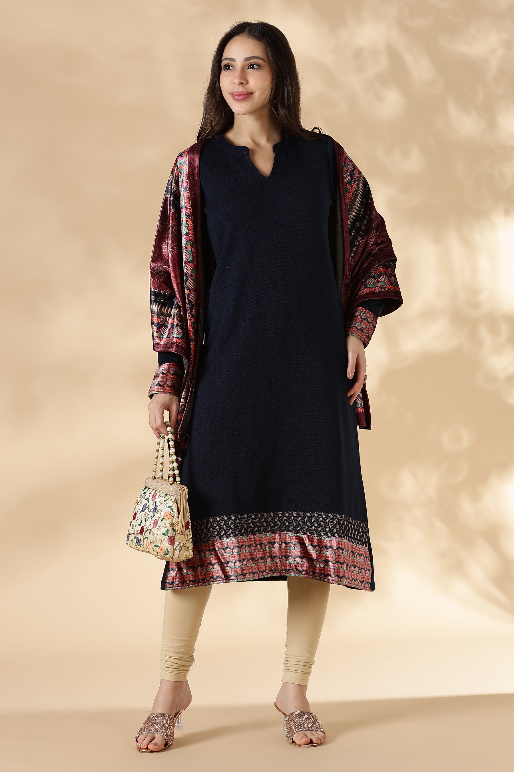 Navy Solid Kurta Pant set with Printed Velvet Dupatta