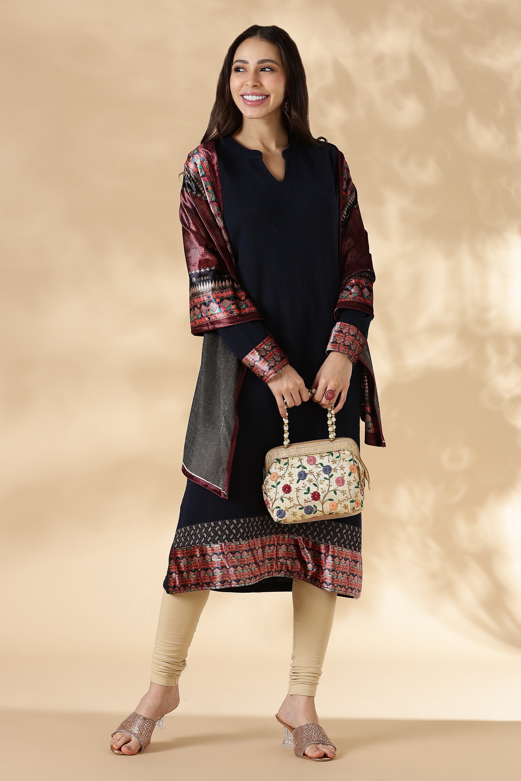 Navy Solid Kurta Pant set with Printed Velvet Dupatta