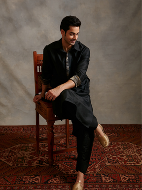 Banarasi collared kurta with zari placket and afghani pants-metallic black | Relove