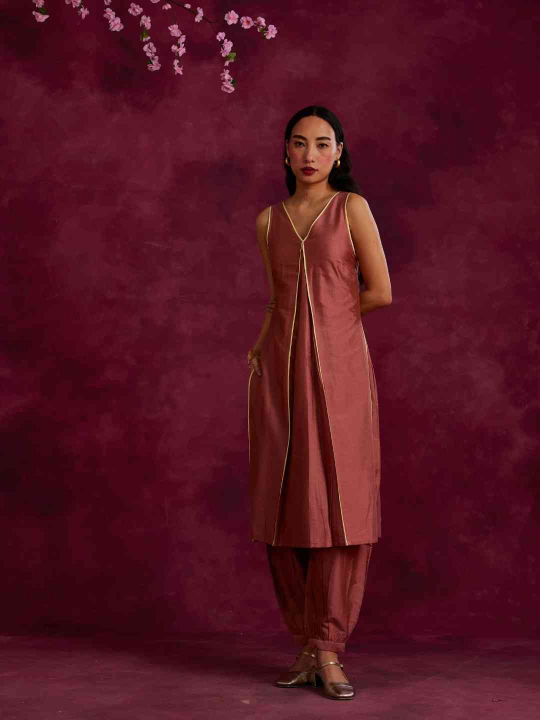 Inverted pleat front kurta with back tie-up paired with pathani pants- Rose brown