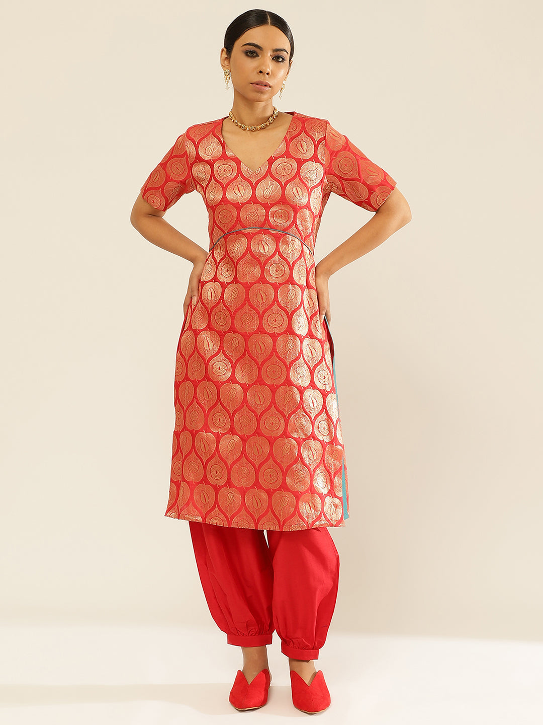 Banarasi zari kurta with U-waistline paired with pathani pants