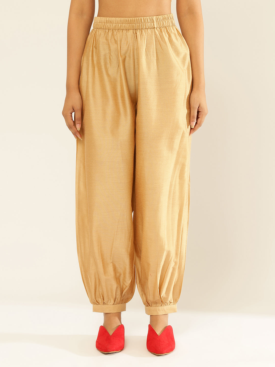 Cotton Viscose Elasticated Pathani Pants-Roseate Golden