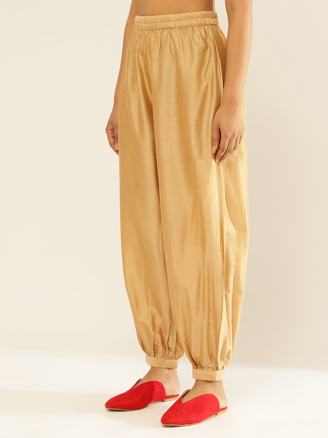Cotton Viscose Elasticated Pathani Pants-Roseate Golden