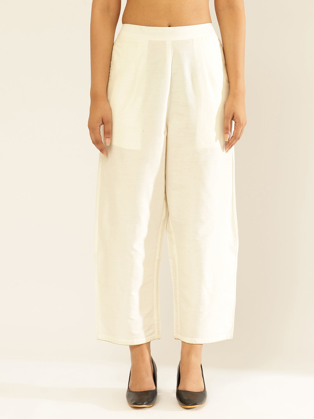 Cotton Viscose Straight Pants With Golden Piping-Pearl White