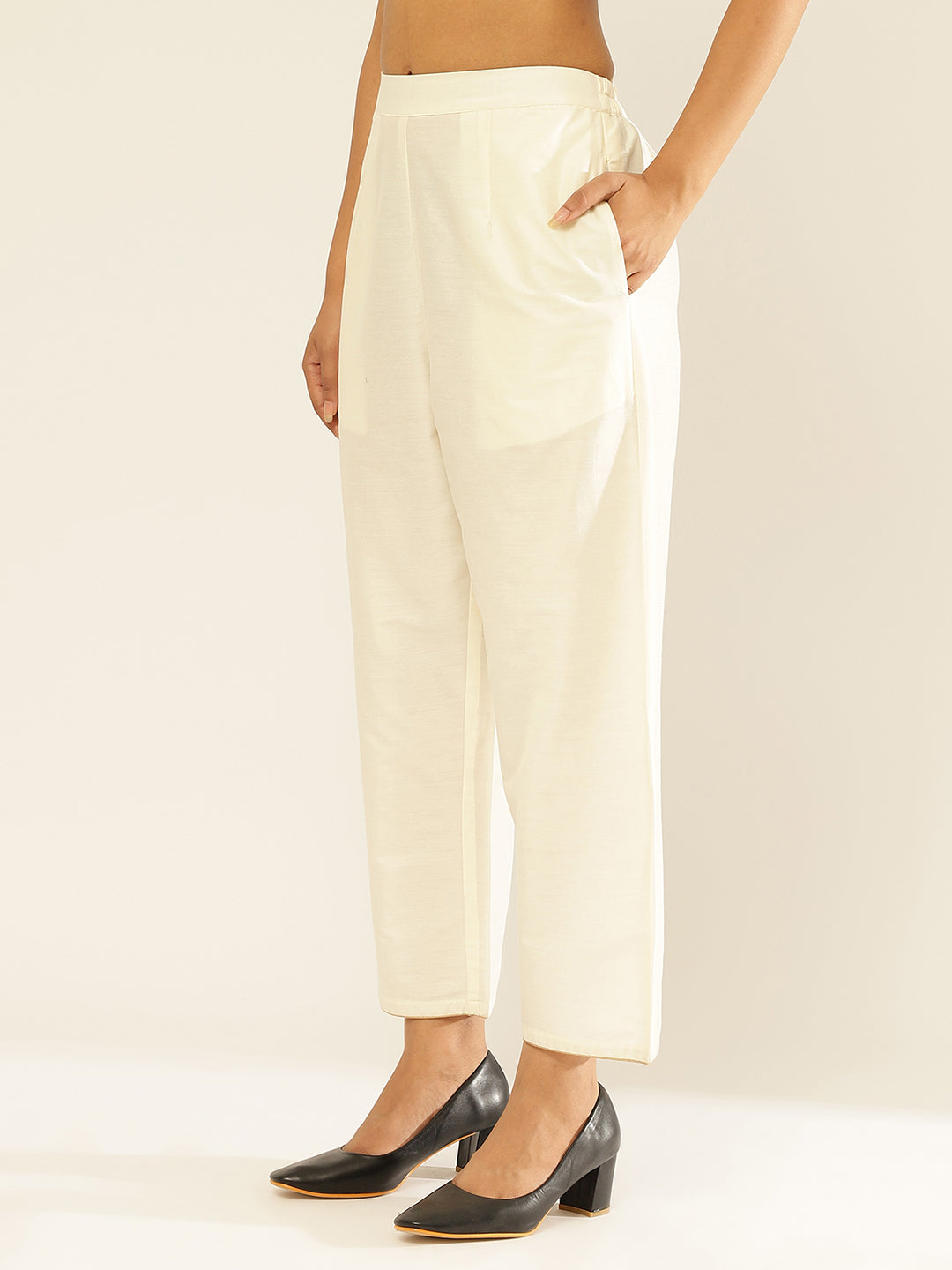 Cotton Viscose Straight Pants With Golden Piping-Pearl White