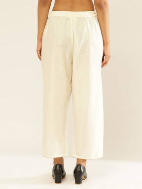 Cotton Viscose Straight Pants With Golden Piping-Pearl White