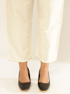 Cotton Viscose Straight Pants With Golden Piping-Pearl White