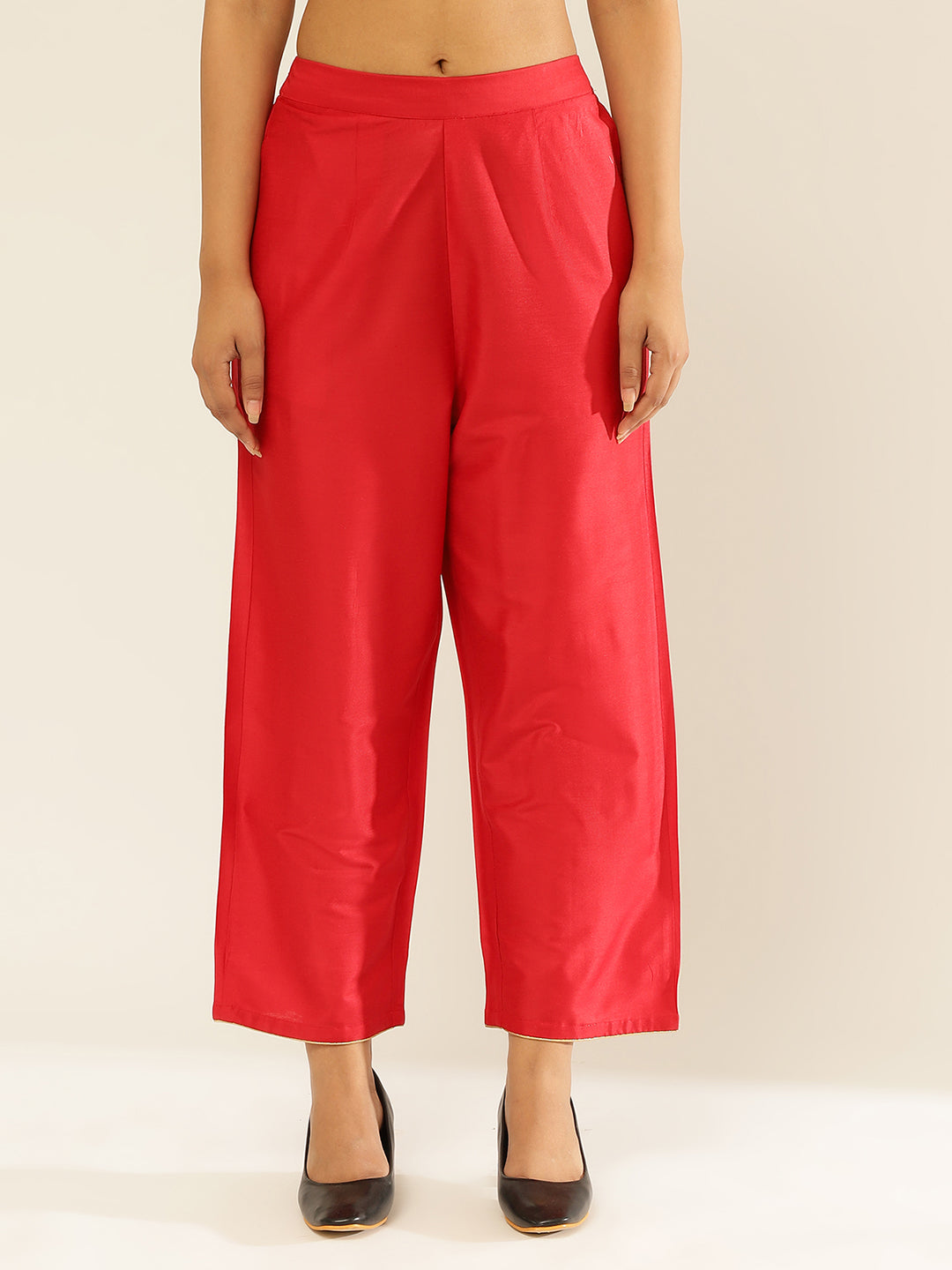 Cotton Viscose Straight Pants With Golden Piping-Scarlet Red