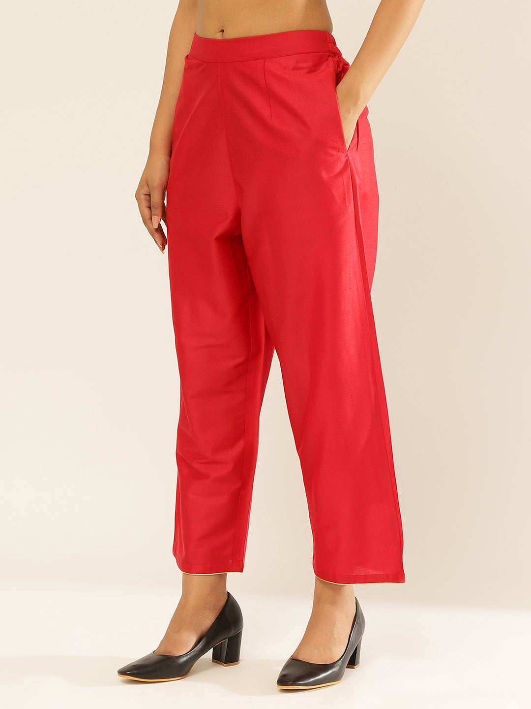 Cotton Viscose Straight Pants With Golden Piping-Scarlet Red