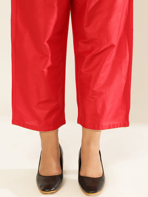Cotton Viscose Straight Pants With Golden Piping-Scarlet Red