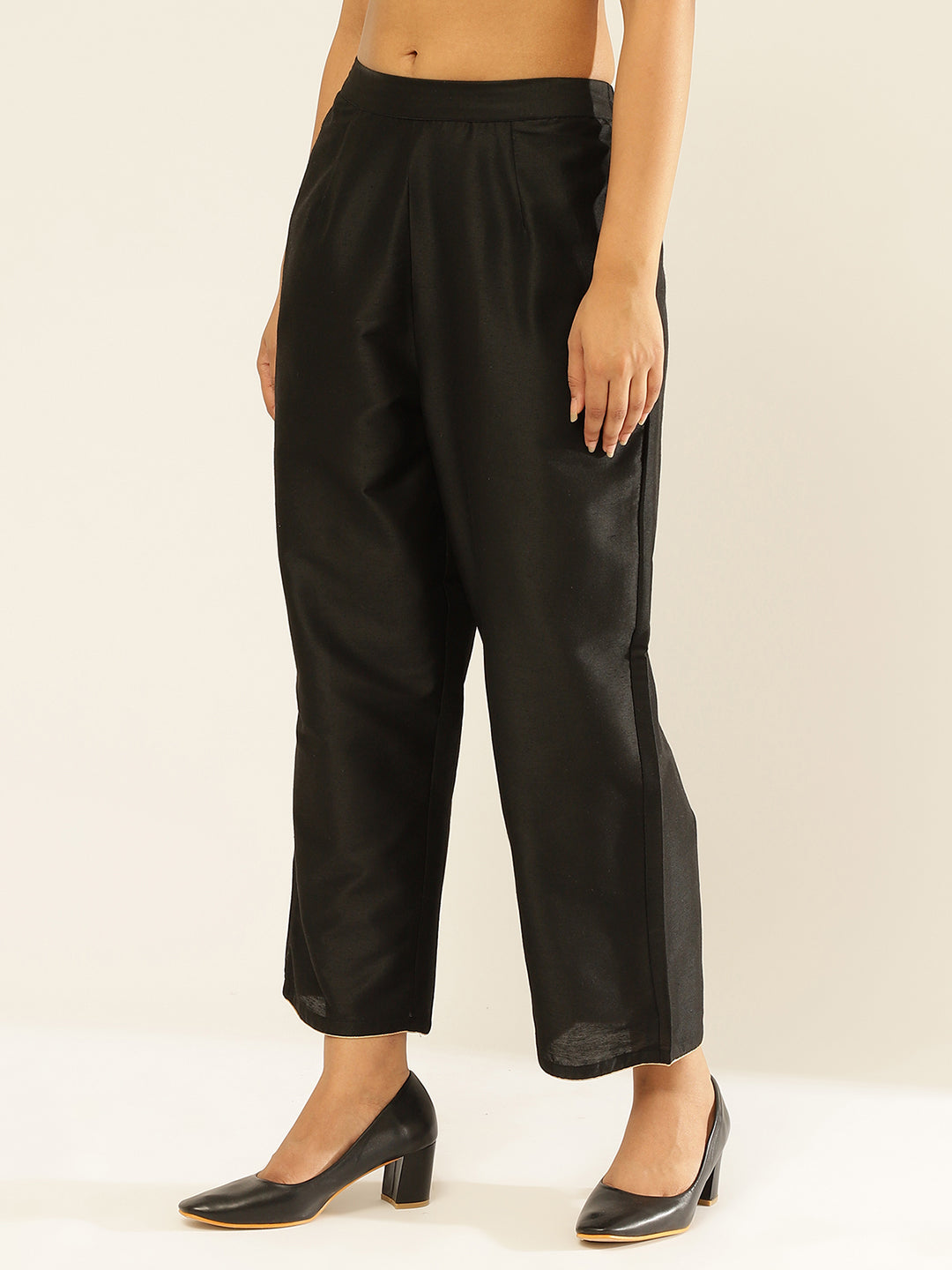 Cotton Viscose Straight Pants With Golden Piping-Metallic Black
