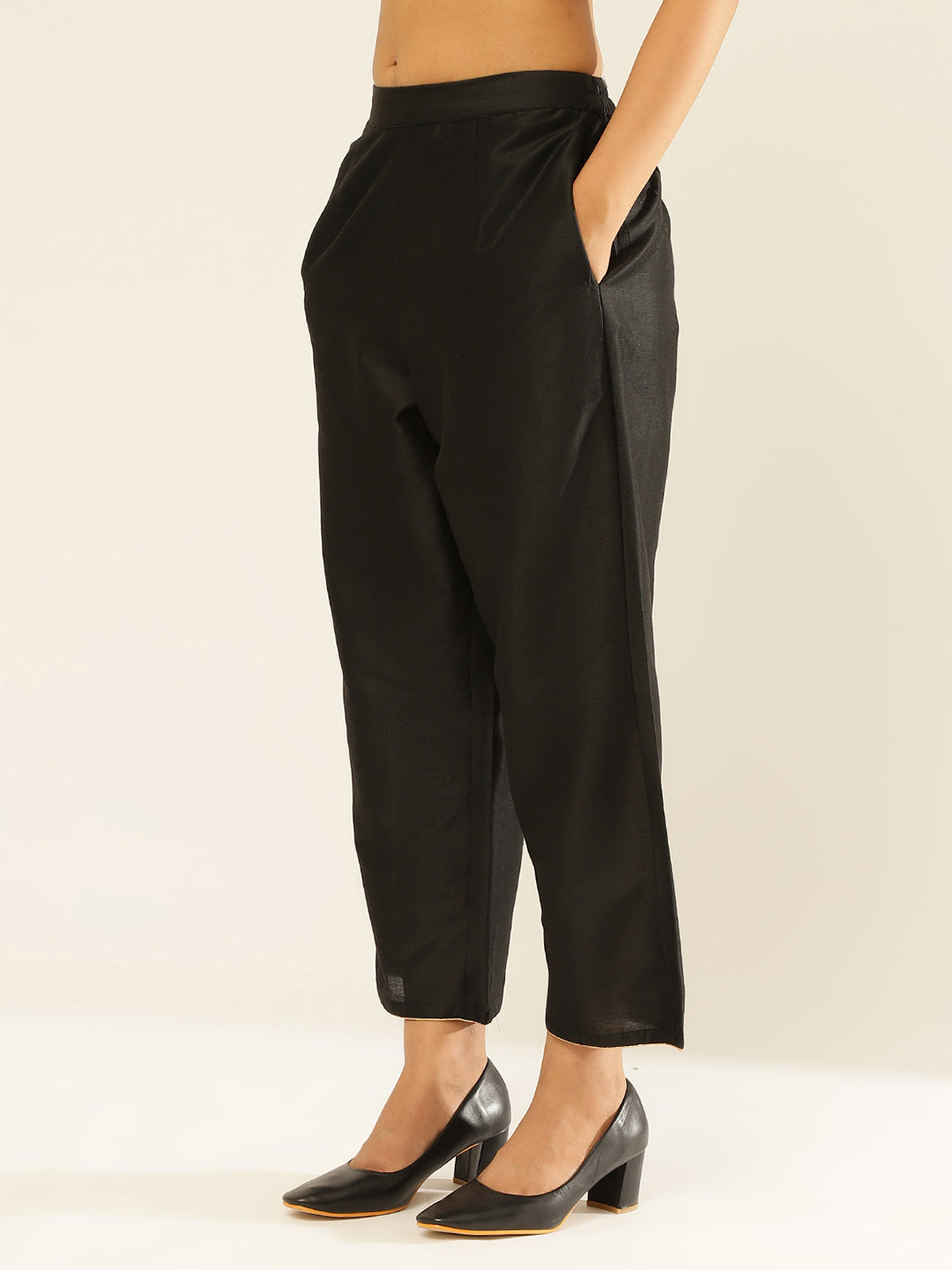 Cotton Viscose Straight Pants With Golden Piping-Metallic Black