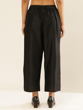 Cotton Viscose Straight Pants With Golden Piping-Metallic Black