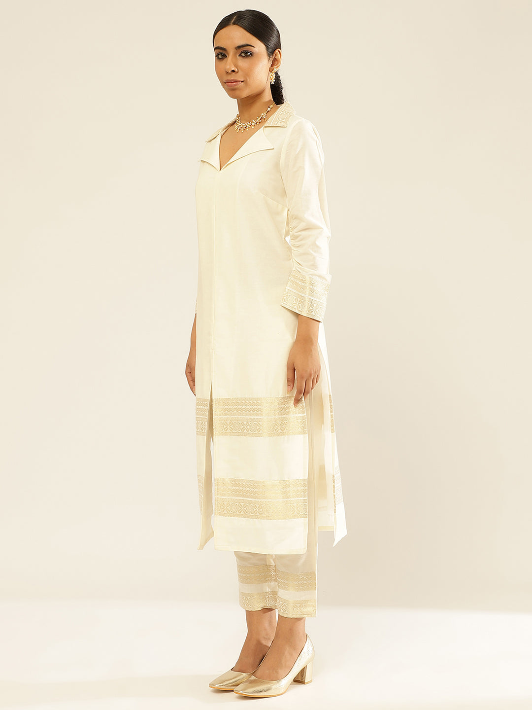 Collared Banarasi Kurta Set with banarasi Zari border