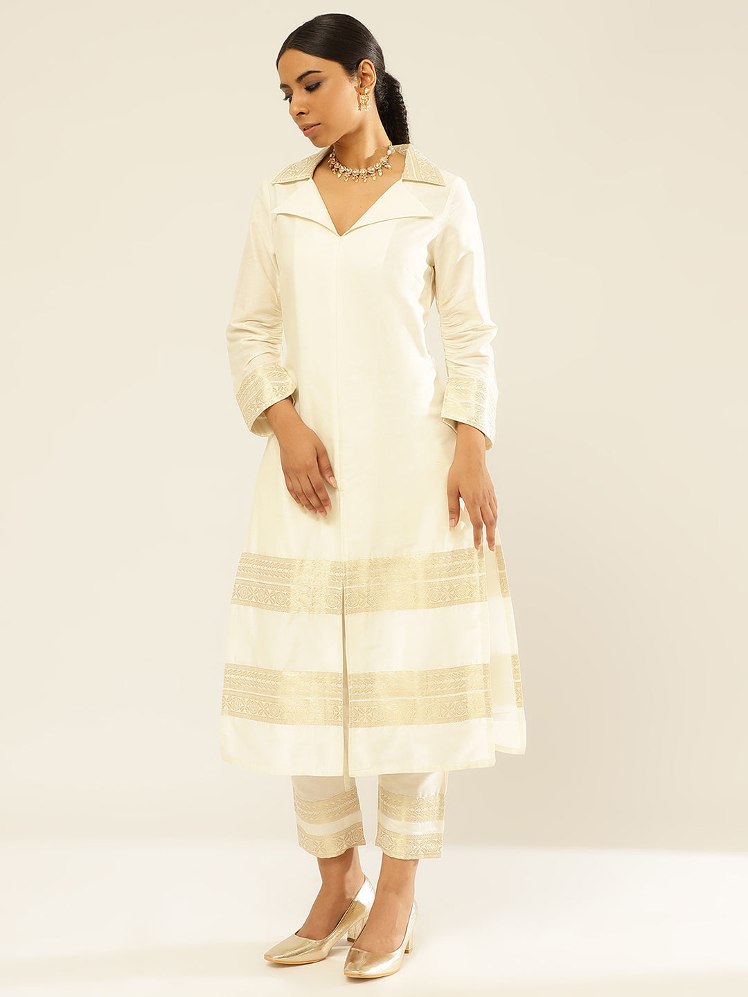 Collared Banarasi Kurta Set with banarasi Zari border