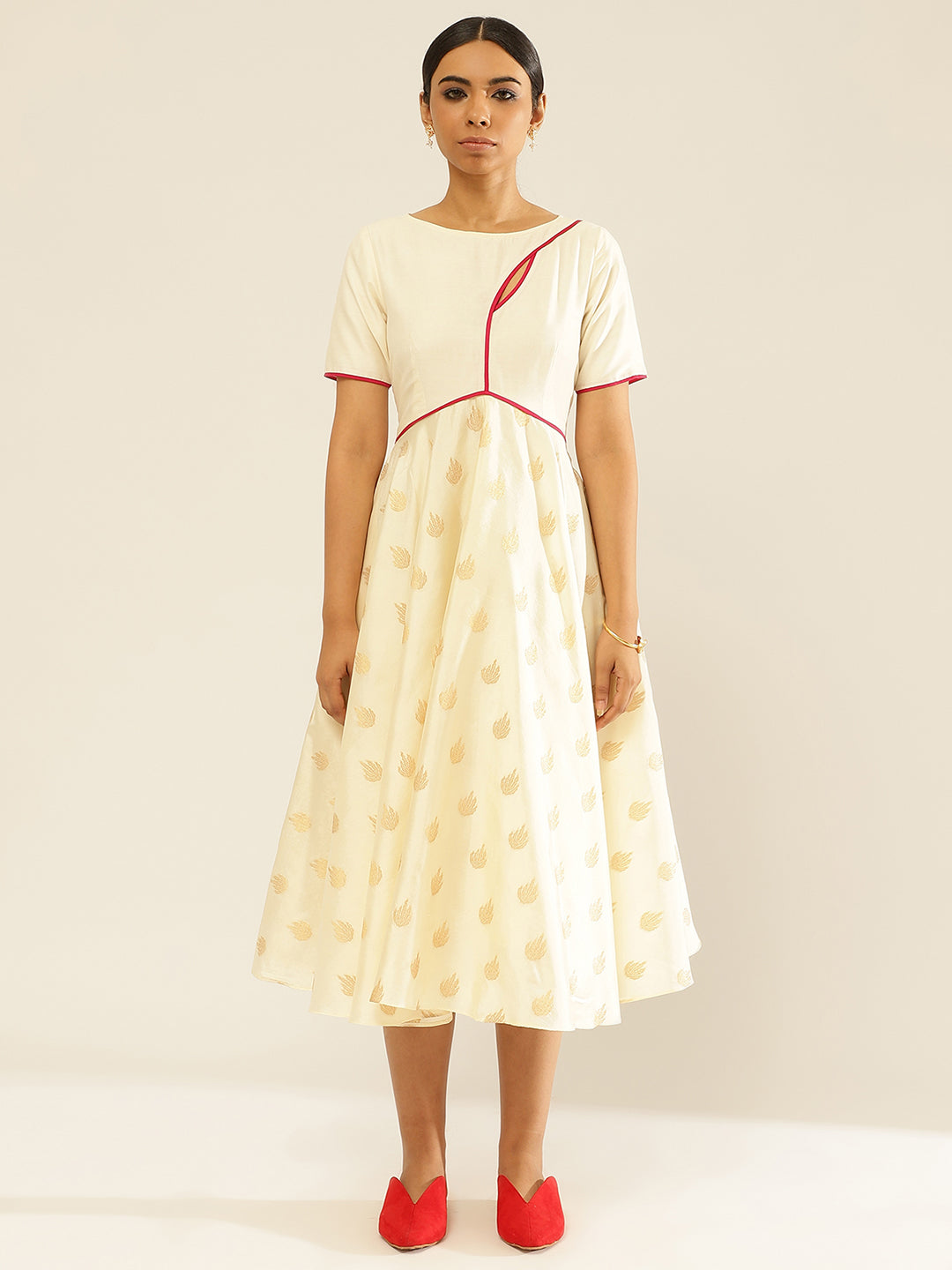 Zari Tafetta Circular Dress With Keyhole Neckline-Pearl White