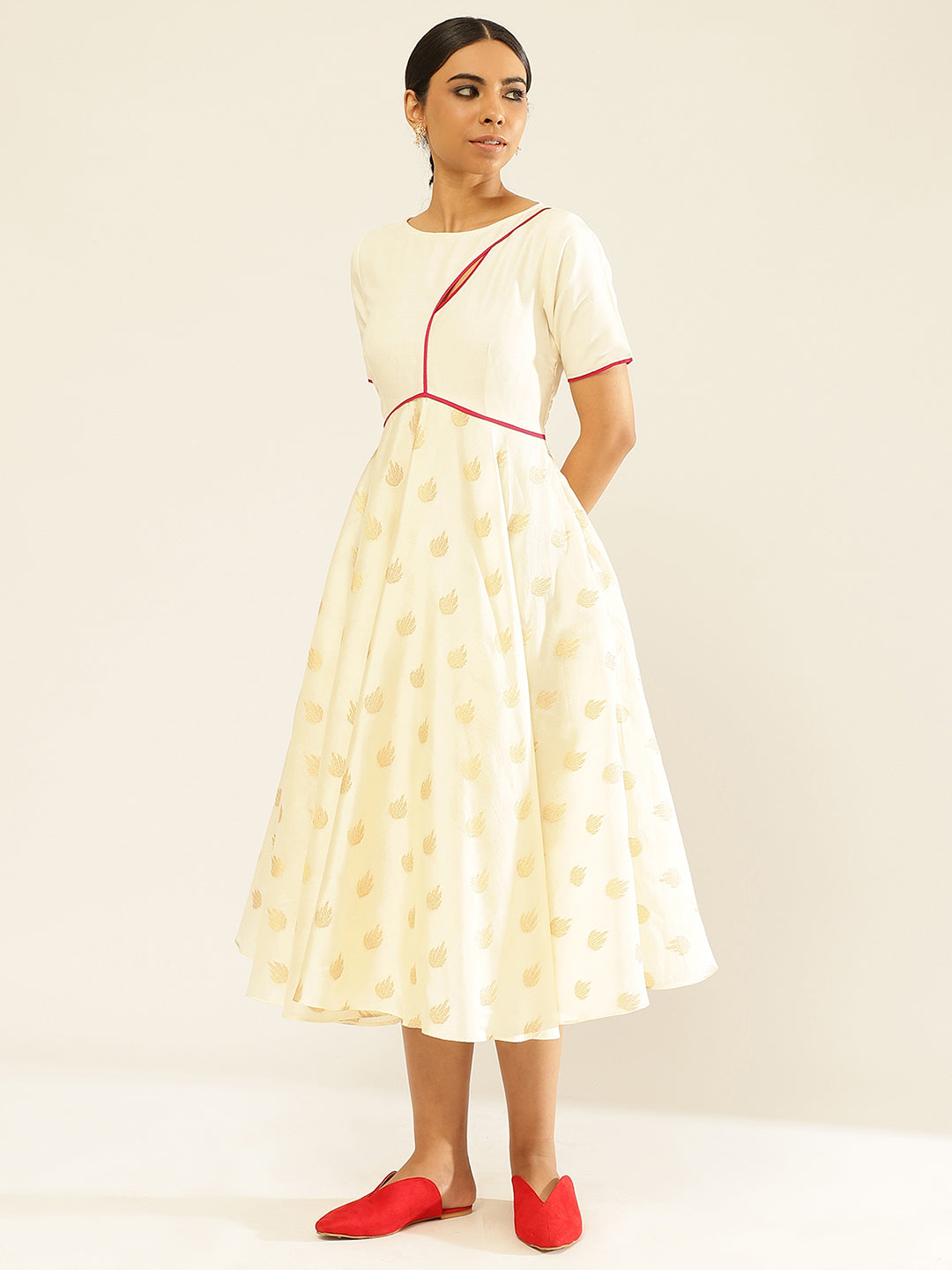 Zari Tafetta Circular Dress With Keyhole Neckline-Pearl White