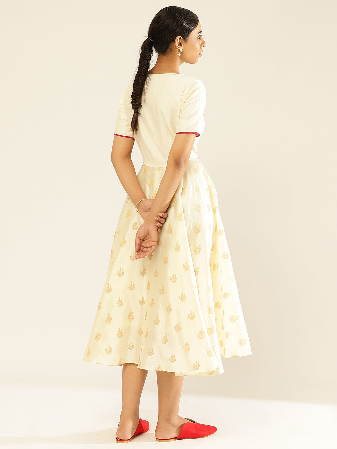 Zari Tafetta Circular Dress With Keyhole Neckline-Pearl White