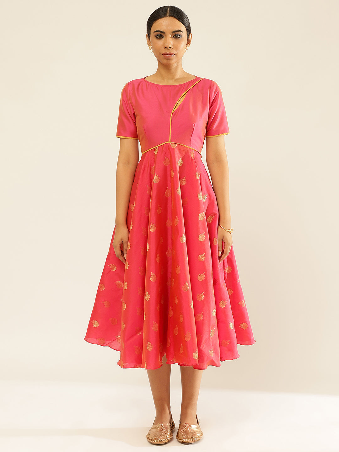 Zari Tafetta Circular Dress With Keyhole Neckline-Coral Pink