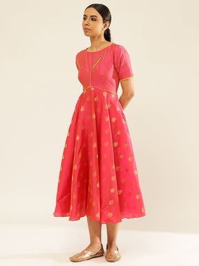 Zari Tafetta Circular Dress With Keyhole Neckline-Coral Pink