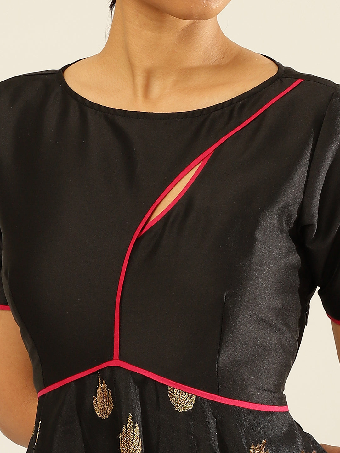 Zari Tafetta Circular Dress With Keyhole Neckline-Metallic Black