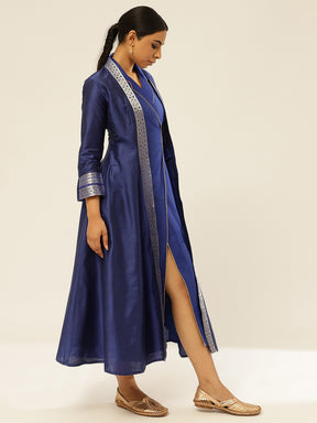 Lapel collared wrap dress with banarasi jacket-Imperial Blue