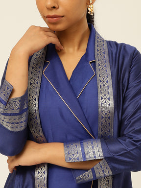 Lapel collared wrap dress with banarasi jacket-Imperial Blue