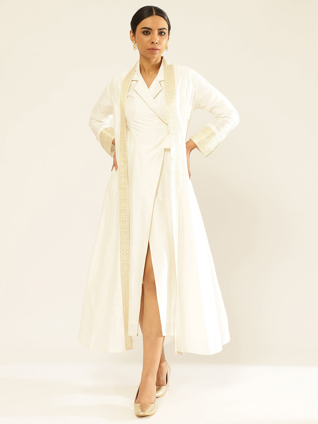 Lapel collared wrap dress with banarasi jacket-Pearl white