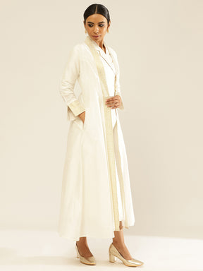 Lapel collared wrap dress with banarasi jacket-Pearl white