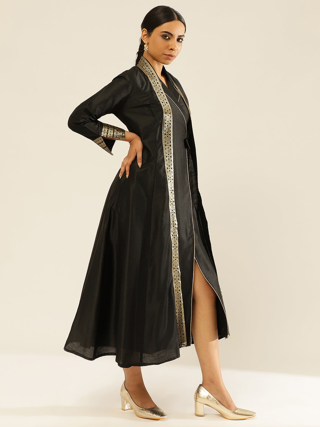 Lapel collared wrap dress with banarasi jacket-Metallic Black