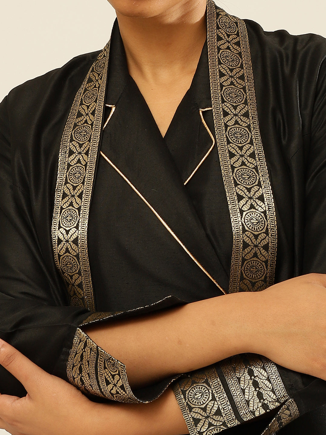 Lapel collared wrap dress with banarasi jacket-Metallic Black