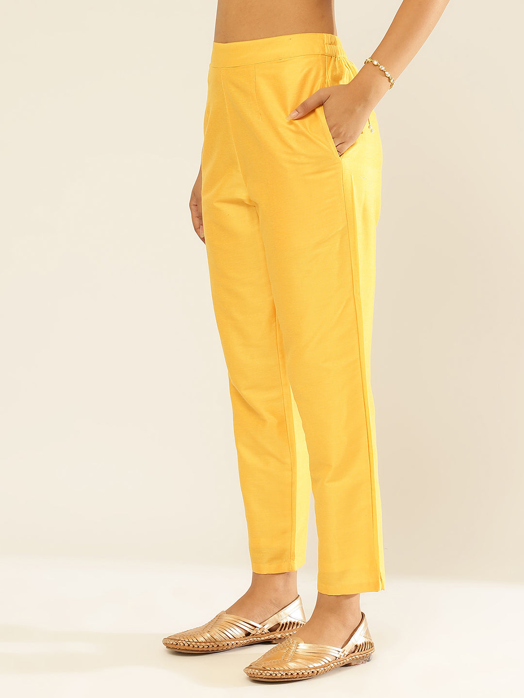 Buy Yellow Cotton Flax MidRise Elasticated Tapered Pant Online at  SeamsFriendly