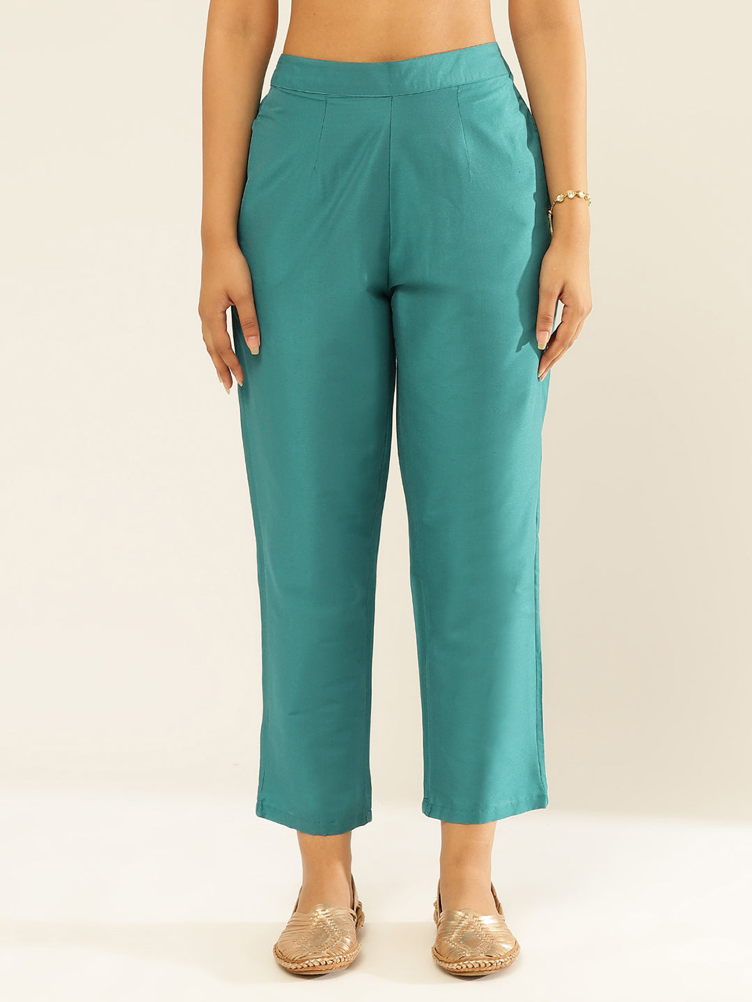 Cotton Viscose Straight Pants-Sea Green